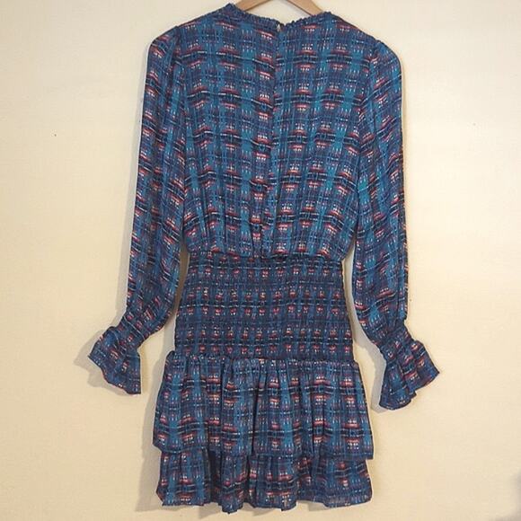 Aqua/Pendleton Womens Ruffled V-Neck Blue Southwest Print Shimmer Mini Dress XS - Picture 4 of 9